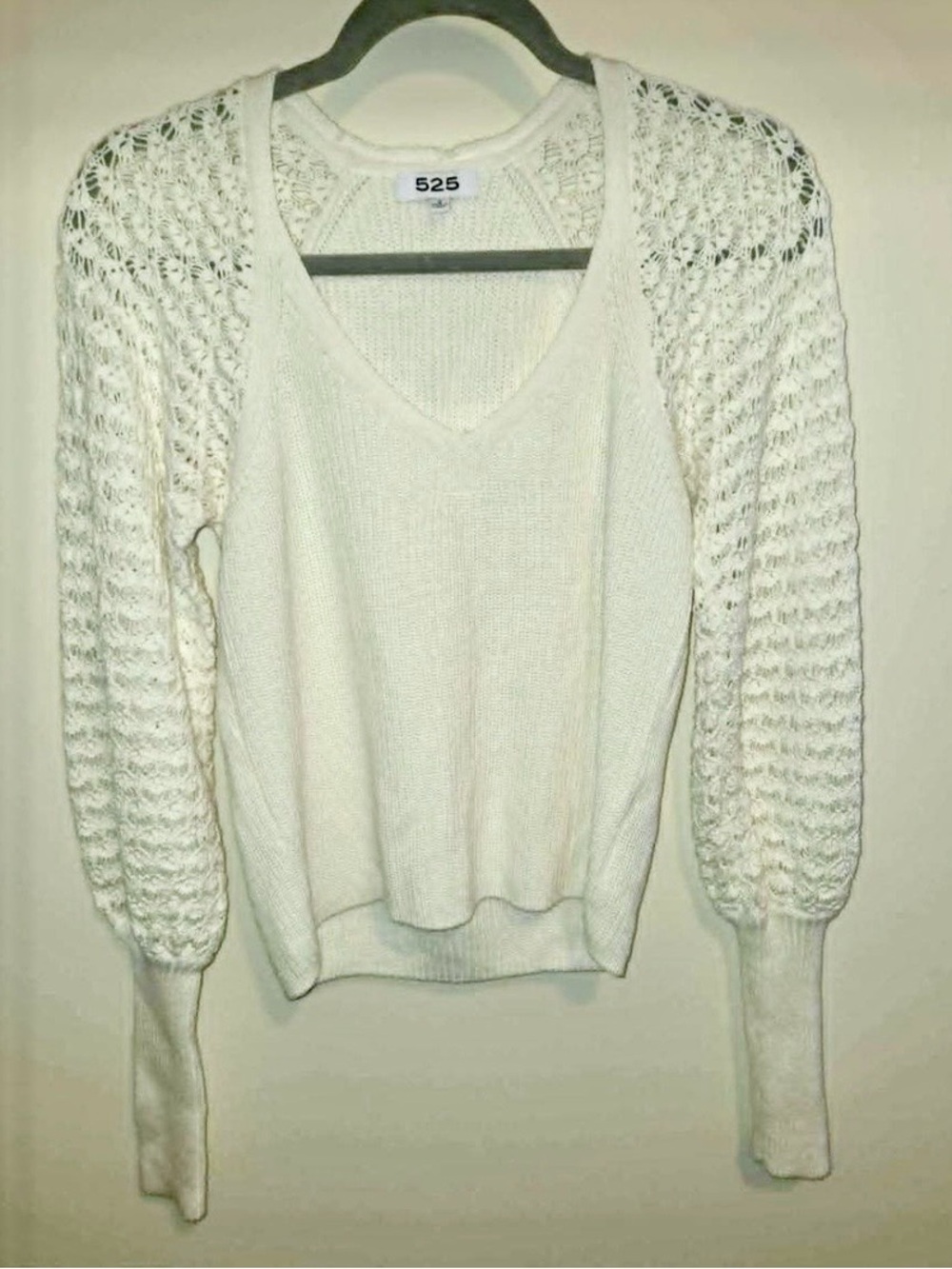 525 America Women Cream Cotton Ribbed V-Neck Sweater Crochet Balloon Sleeve M